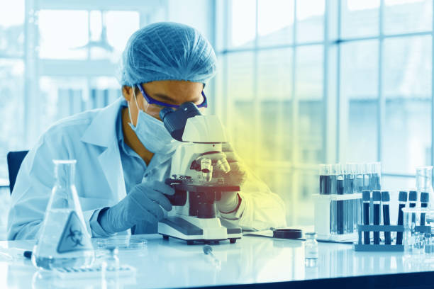 Scientists are using a microscope to test for viruses. or bacteria in the laboratory. Culture testing for the treatment of various diseases such as cancer, diabetes and COVID-19.